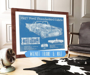 20" x 16" / Walnut Frame & Mat Cutler West 1957 Ford Thunderbird Cabrio Blueprint Vintage Auto Print