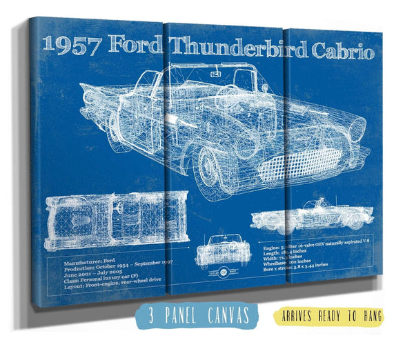 36" x 24" / 3 Panel Canvas Wrap Cutler West 1957 Ford Thunderbird Cabrio Blueprint Vintage Auto Print