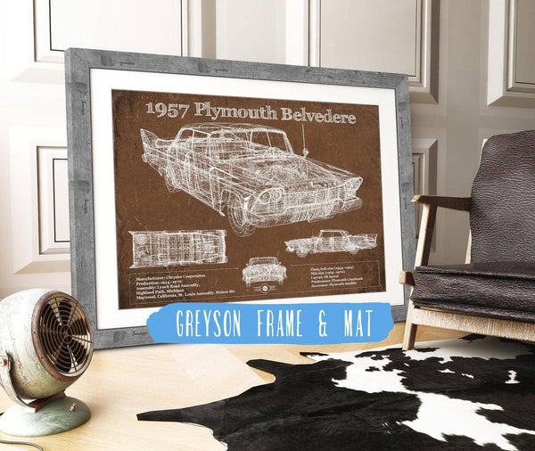 14" x 11" / Greyson Frame & Mat Cutler West 1957 Plymouth Belvedere Vintage Blueprint Auto Print