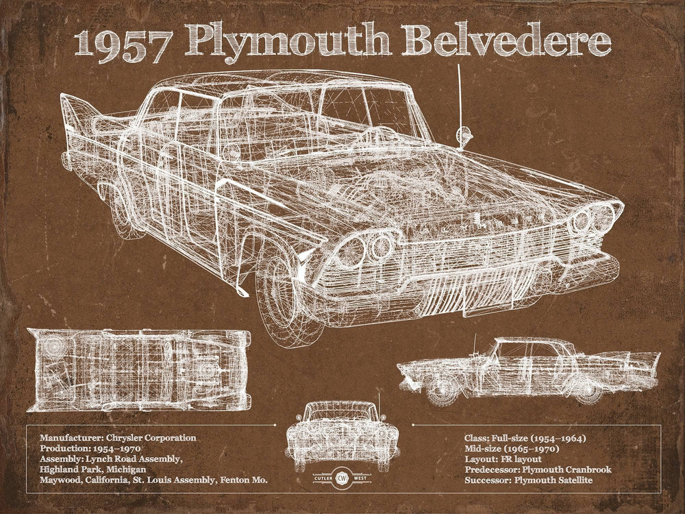 14" x 11" / Stretched Canvas Wrap Cutler West 1957 Plymouth Belvedere Vintage Blueprint Auto Print