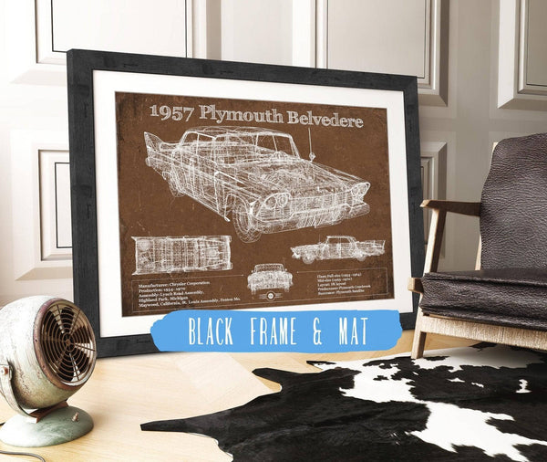 20" x 16" / Black Frame & Mat Cutler West 1957 Plymouth Belvedere Vintage Blueprint Auto Print