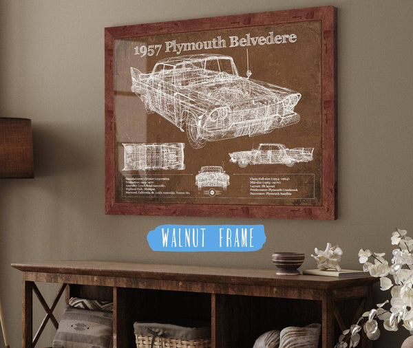 20" x 16" / Walnut Frame Cutler West 1957 Plymouth Belvedere Vintage Blueprint Auto Print