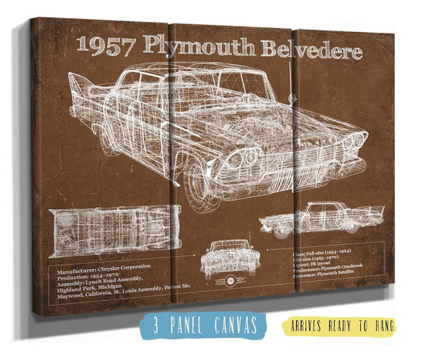 36" x 24" / 3 Panel Canvas Wrap Cutler West 1957 Plymouth Belvedere Vintage Blueprint Auto Print