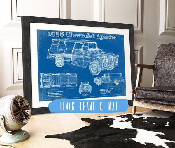 20" x 16" / Black Frame & Mat Cutler West 1958 Chevrolet 3100 Apache Panel Van Vintage Blueprint Auto Print