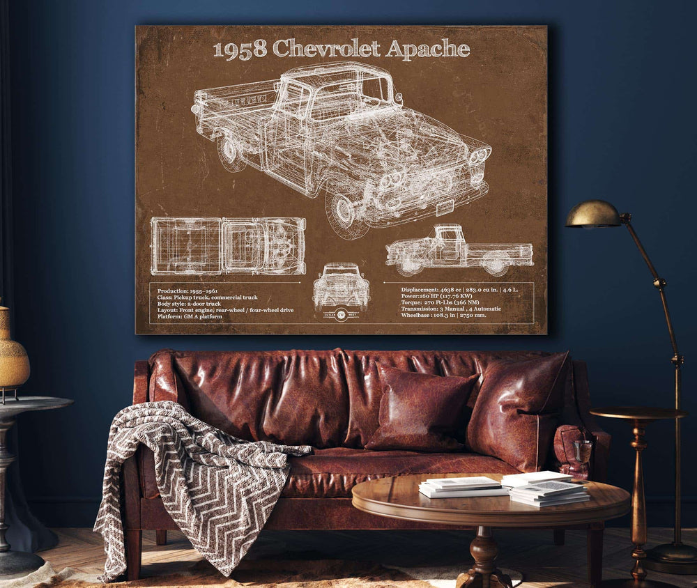 14" x 11" / Stretched Canvas Wrap Cutler West 1958 Chevrolet Apache Vintage Blueprint Auto Print