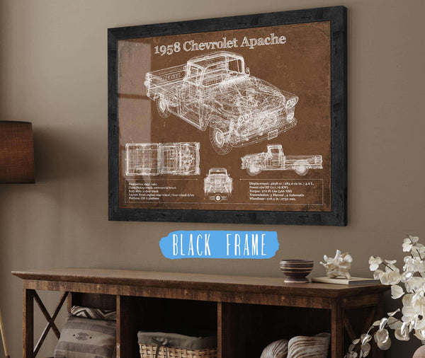 20" x 16" / Black Frame Cutler West 1958 Chevrolet Apache Vintage Blueprint Auto Print