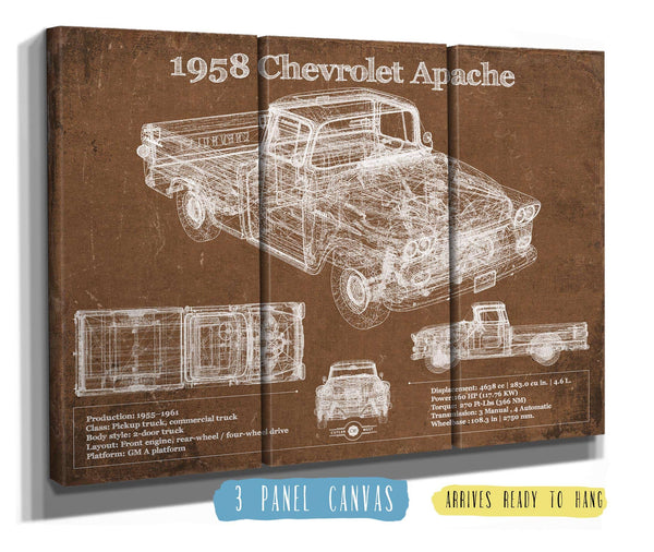 36" x 24" / 3 Panel Canvas Wrap Cutler West 1958 Chevrolet Apache Vintage Blueprint Auto Print