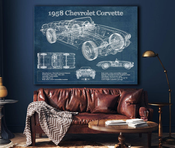 Cutler West 1958 Chevrolet Corvette C1 Blueprint Vintage Auto Print