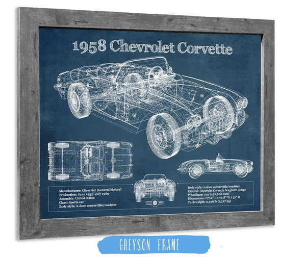 14" x 11" / Greyson Frame Cutler West 1958 Chevrolet Corvette C1 Blueprint Vintage Auto Print