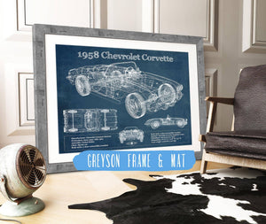 14" x 11" / Greyson Frame & Mat Cutler West 1958 Chevrolet Corvette C1 Blueprint Vintage Auto Print