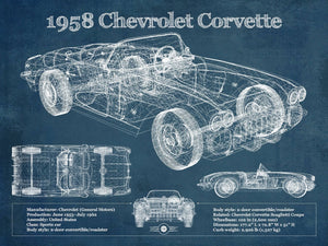 14" x 11" / Unframed Cutler West 1958 Chevrolet Corvette C1 Blueprint Vintage Auto Print
