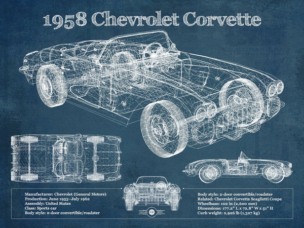 14" x 11" / Unframed Cutler West 1958 Chevrolet Corvette C1 Blueprint Vintage Auto Print