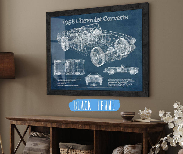 20" x 16" / Black Frame Cutler West 1958 Chevrolet Corvette C1 Blueprint Vintage Auto Print