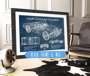20" x 16" / Black Frame & Mat Cutler West 1958 Chevrolet Corvette C1 Blueprint Vintage Auto Print