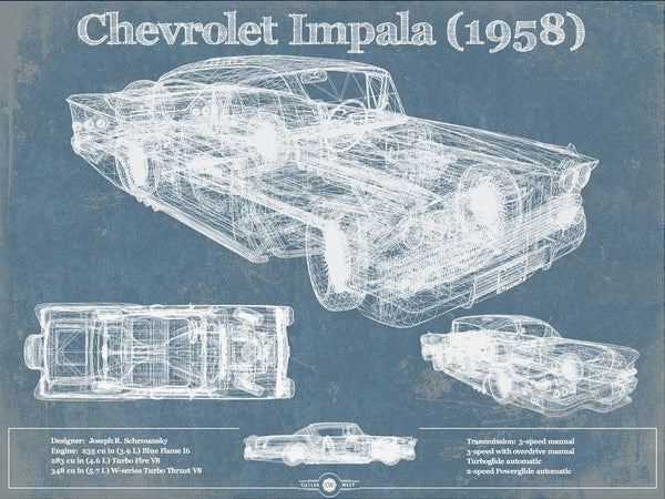 14" x 11" / Unframed Cutler West 1958 Chevrolet Impala Blueprint Vintage Auto Print
