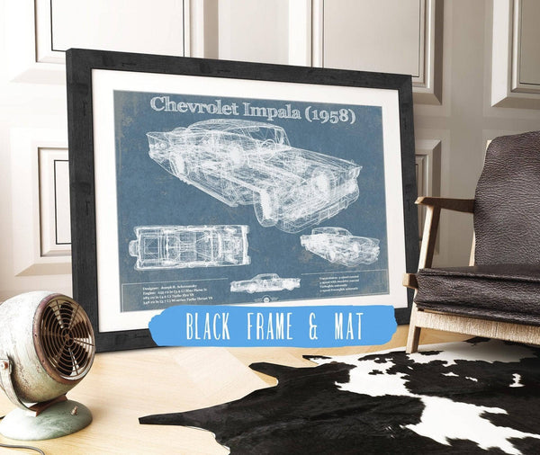 20" x 16" / Black Frame & Mat Cutler West 1958 Chevrolet Impala Blueprint Vintage Auto Print