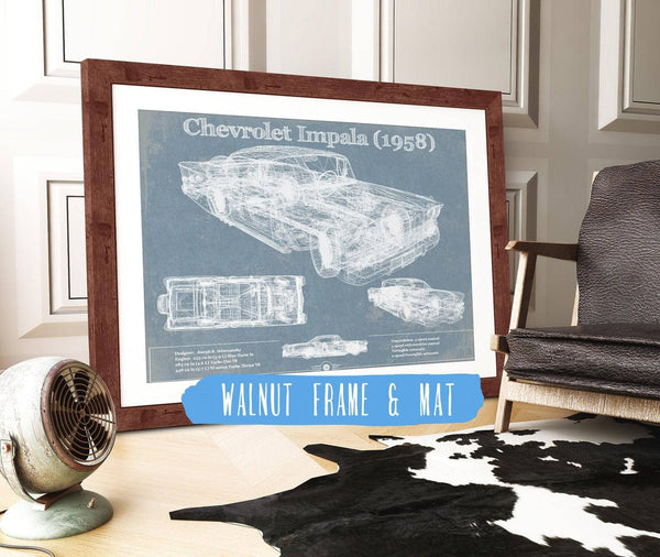 20" x 16" / Walnut Frame & Mat Cutler West 1958 Chevrolet Impala Blueprint Vintage Auto Print