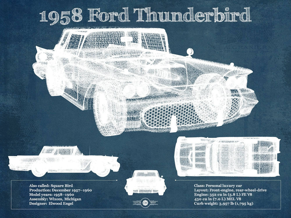 14" x 11" / Stretched Canvas Wrap Cutler West 1958 Ford Thunderbird Vintage Blueprint Auto Print