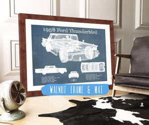 20" x 16" / Walnut Frame & Mat Cutler West 1958 Ford Thunderbird Vintage Blueprint Auto Print