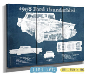 36" x 24" / 3 Panel Canvas Wrap Cutler West 1958 Ford Thunderbird Vintage Blueprint Auto Print
