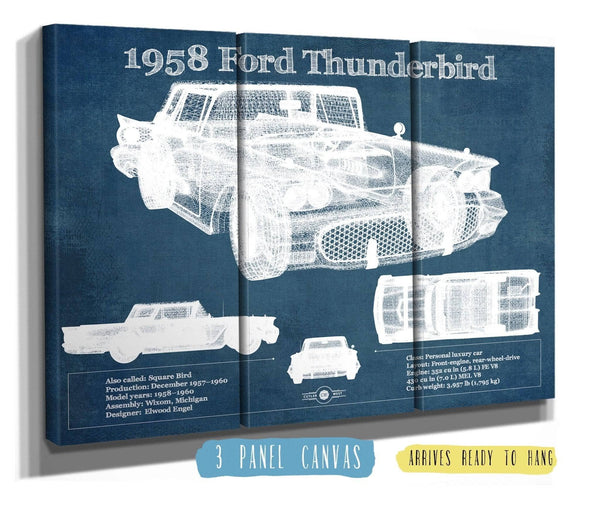 36" x 24" / 3 Panel Canvas Wrap Cutler West 1958 Ford Thunderbird Vintage Blueprint Auto Print