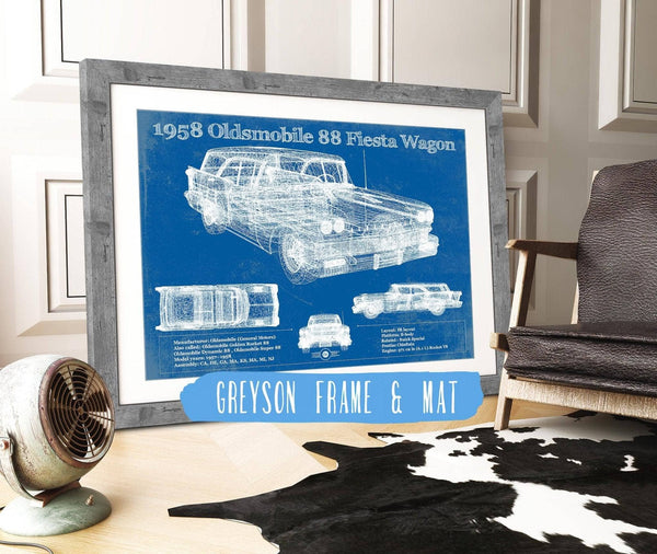 14" x 11" / Greyson Frame & Mat Cutler West 1958 Oldsmobile 88 Fiesta Wagon Vintage Blueprint Auto Print