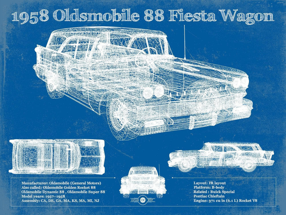 14" x 11" / Stretched Canvas Wrap Cutler West 1958 Oldsmobile 88 Fiesta Wagon Vintage Blueprint Auto Print