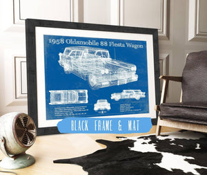 20" x 16" / Black Frame & Mat Cutler West 1958 Oldsmobile 88 Fiesta Wagon Vintage Blueprint Auto Print