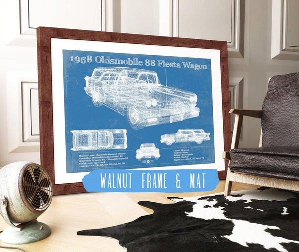 20" x 16" / Walnut Frame & Mat Cutler West 1958 Oldsmobile 88 Fiesta Wagon Vintage Blueprint Auto Print
