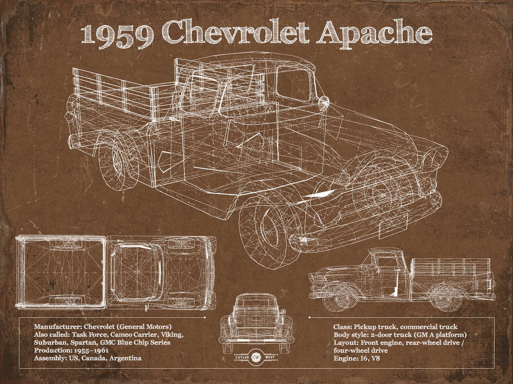 14" x 11" / Stretched Canvas Wrap Cutler West 1959 Chevrolet Apache Fleetside Vintage Blueprint Auto Print
