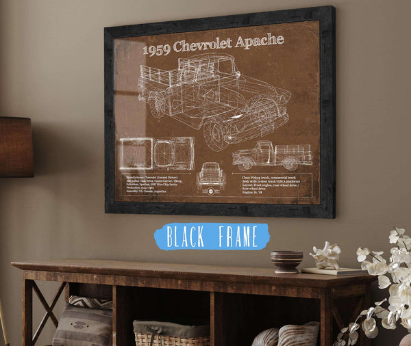 20" x 16" / Black Frame Cutler West 1959 Chevrolet Apache Fleetside Vintage Blueprint Auto Print