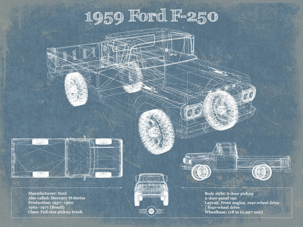 14" x 11" / Stretched Canvas Wrap Cutler West 1959 Ford F-250 Vintage Blueprint Auto Print