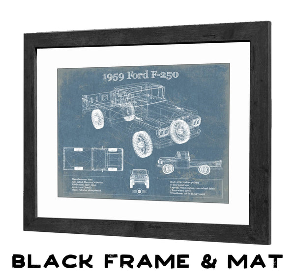 20" x 16" / Black Frame & Mat Cutler West 1959 Ford F-250 Vintage Blueprint Auto Print