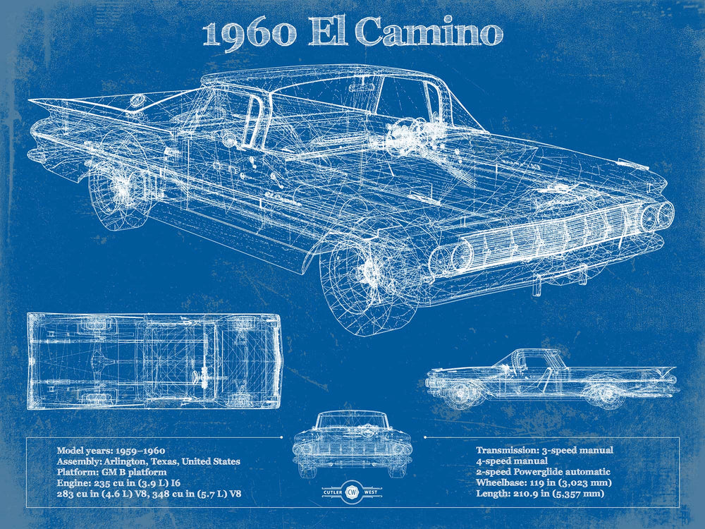 14" x 11" / Stretched Canvas Wrap Cutler West 1960 Chevrolet El Camino Vintage Blueprint Auto Print