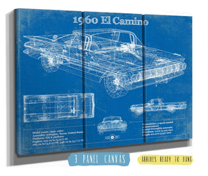 36" x 24" / 3 Panel Canvas Wrap Cutler West 1960 Chevrolet El Camino Vintage Blueprint Auto Print