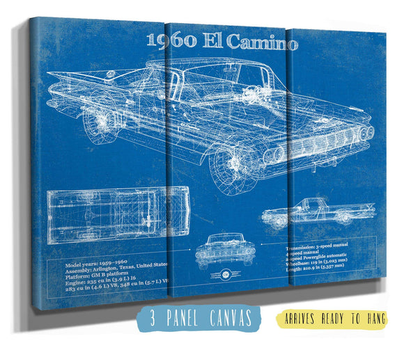 36" x 24" / 3 Panel Canvas Wrap Cutler West 1960 Chevrolet El Camino Vintage Blueprint Auto Print