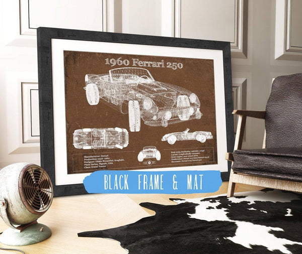 20" x 16" / Black Frame & Mat Cutler West 1960 Ferrari 250 Vintage Blueprint Auto Print
