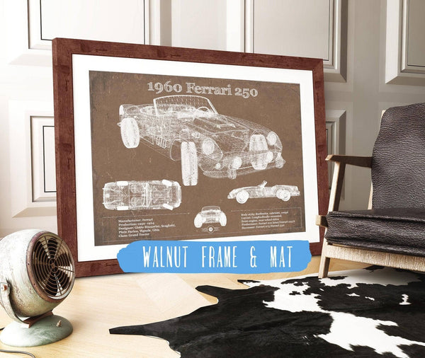 20" x 16" / Walnut Frame & Mat Cutler West 1960 Ferrari 250 Vintage Blueprint Auto Print
