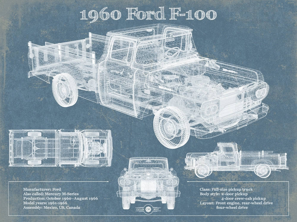 14" x 11" / Stretched Canvas Wrap Cutler West 1960 Ford F-100 Blueprint Vintage Auto Print