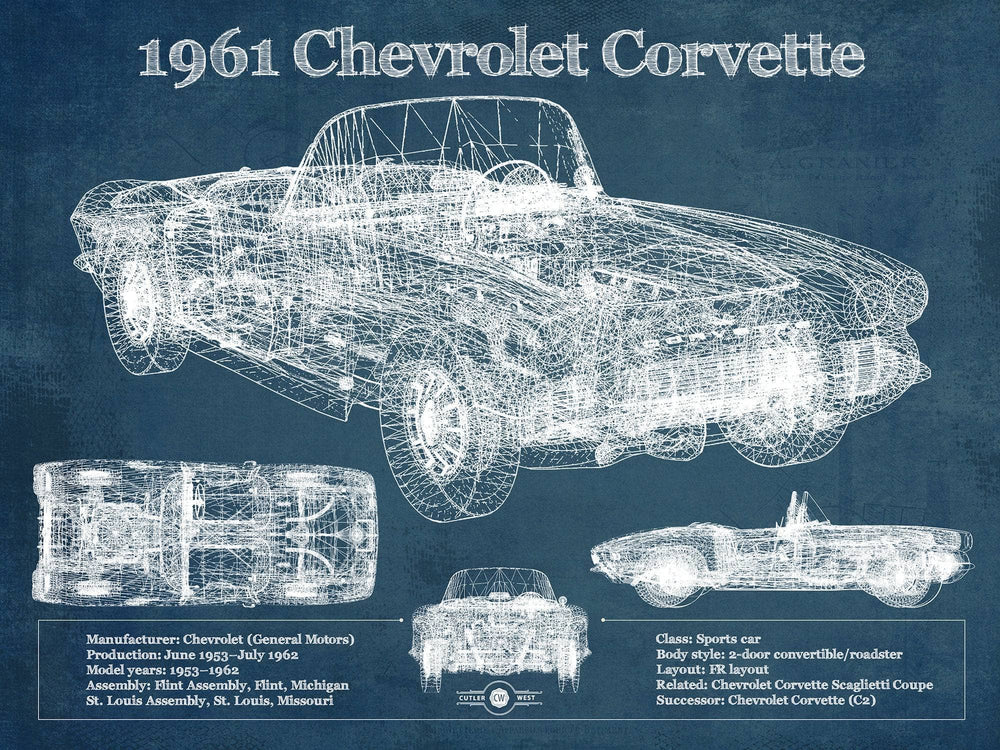 14" x 11" / Stretched Canvas Wrap Cutler West 1961 Chevrolet Corvette C1 Blueprint Vintage Auto Print
