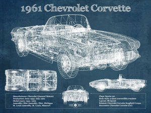14" x 11" / Unframed Cutler West 1961 Chevrolet Corvette C1 Blueprint Vintage Auto Print