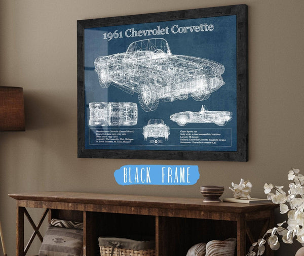 20" x 16" / Black Frame Cutler West 1961 Chevrolet Corvette C1 Blueprint Vintage Auto Print