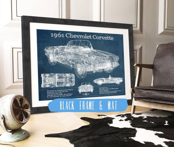 20" x 16" / Black Frame & Mat Cutler West 1961 Chevrolet Corvette C1 Blueprint Vintage Auto Print