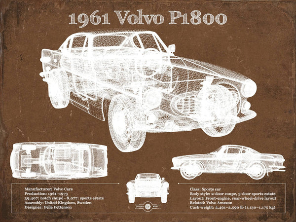 14" x 11" / Unframed Cutler West 1961 Volvo P1800 Vintage Blueprint Auto Print