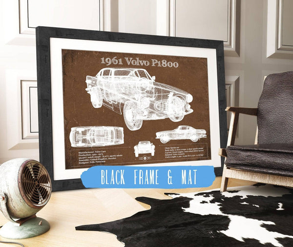 20" x 16" / Black Frame & Mat Cutler West 1961 Volvo P1800 Vintage Blueprint Auto Print