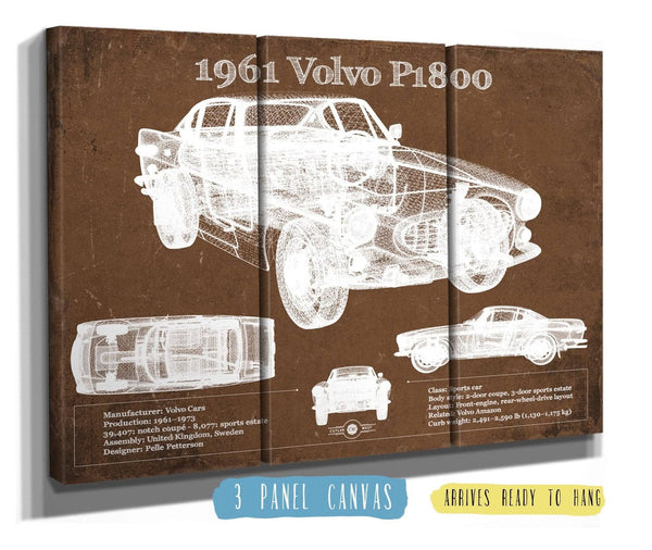 36" x 24" / 3 Panel Canvas Wrap Cutler West 1961 Volvo P1800 Vintage Blueprint Auto Print