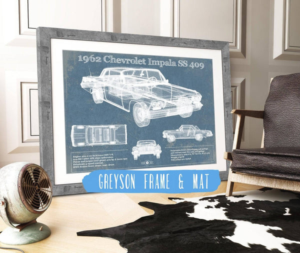 14" x 11" / Greyson Frame & Mat Cutler West 1962 Chevrolet Impala SS 409 Blueprint Vintage Auto Print