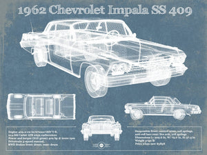 14" x 11" / Unframed Cutler West 1962 Chevrolet Impala SS 409 Blueprint Vintage Auto Print