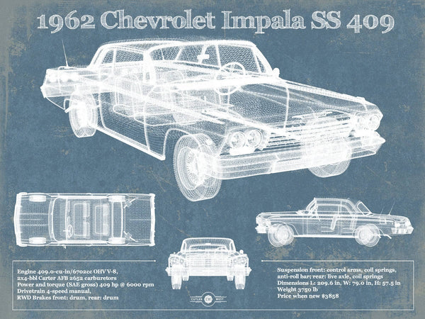 14" x 11" / Unframed Cutler West 1962 Chevrolet Impala SS 409 Blueprint Vintage Auto Print