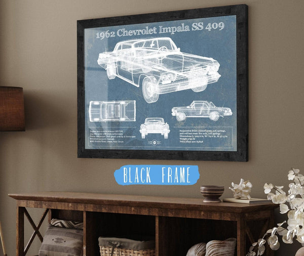 20" x 16" / Black Frame Cutler West 1962 Chevrolet Impala SS 409 Blueprint Vintage Auto Print